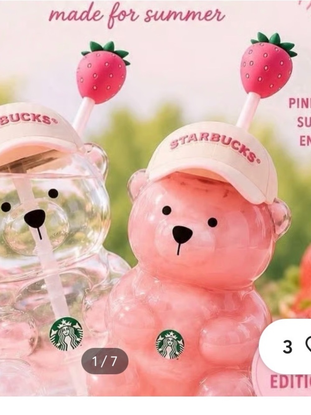 Starbucks Pink Bear Strawberry-Stem Tumbler with Hat Lid
